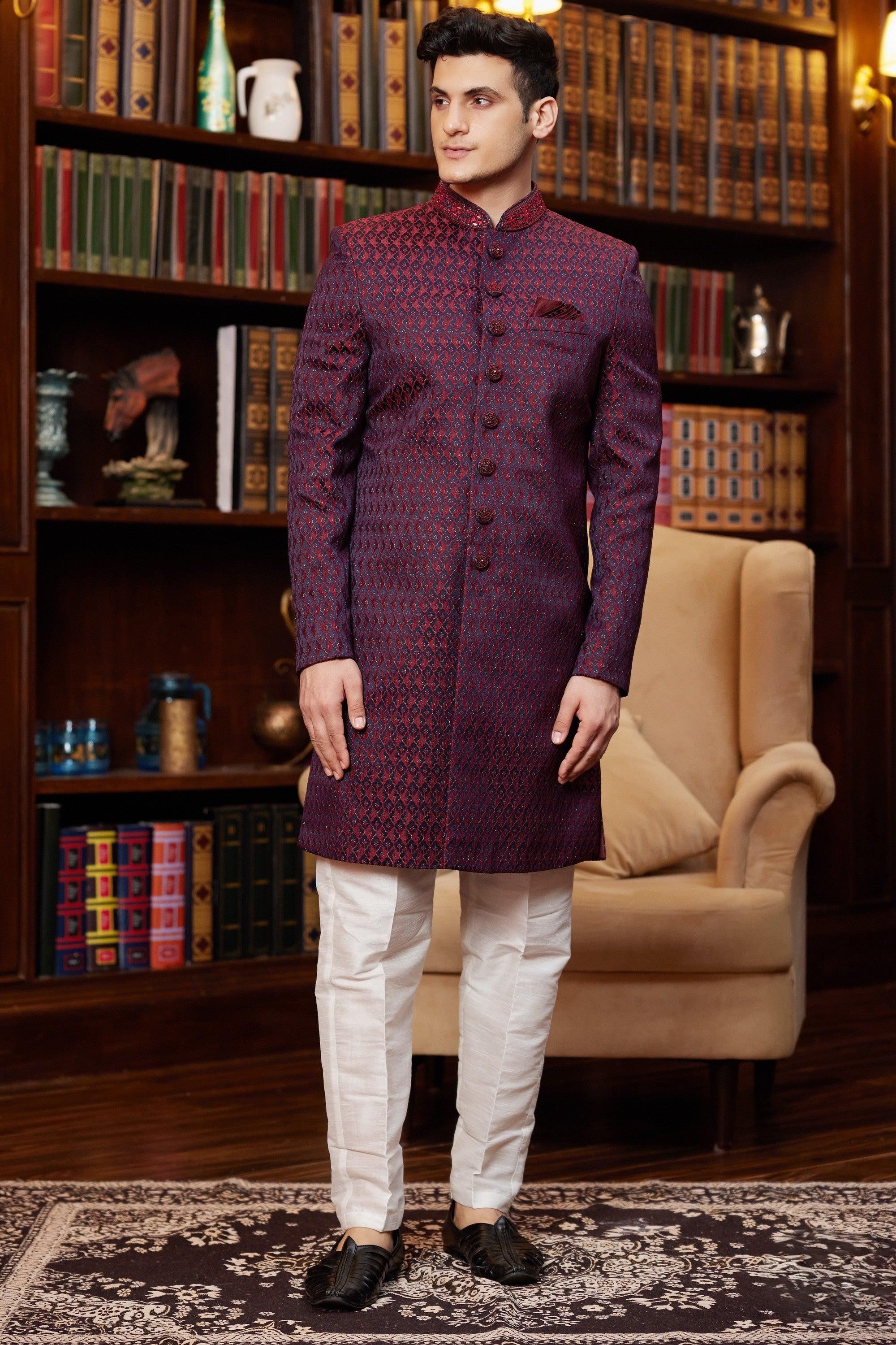Maroon Jacquard Silk Indo Western Traditional Sherwani Long Kurta & Pant Suit for Men for Wedding - Embroidery Work