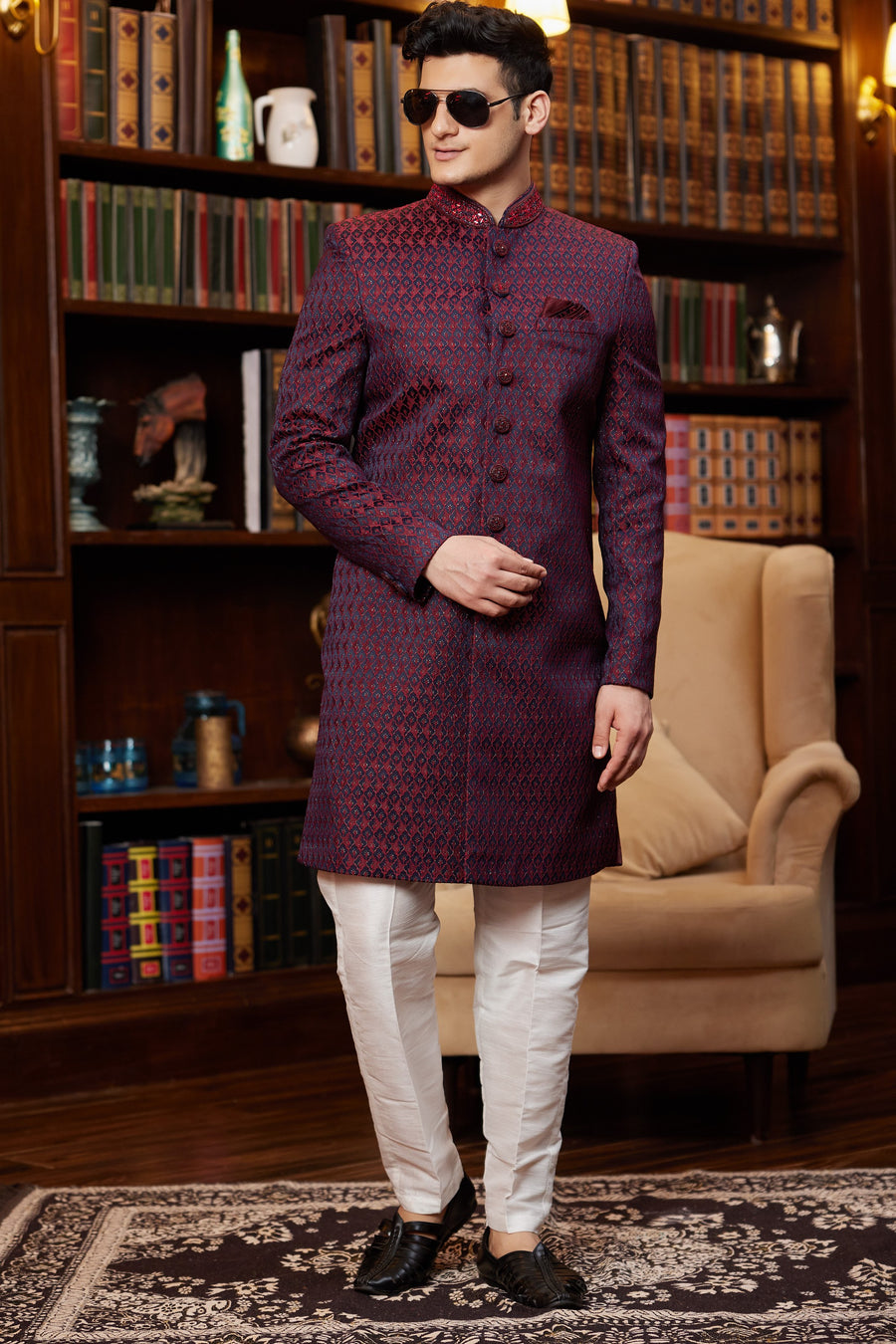 Maroon Jacquard Silk Indo Western Traditional Sherwani Long Kurta & Pant Suit for Men for Wedding - Embroidery Work