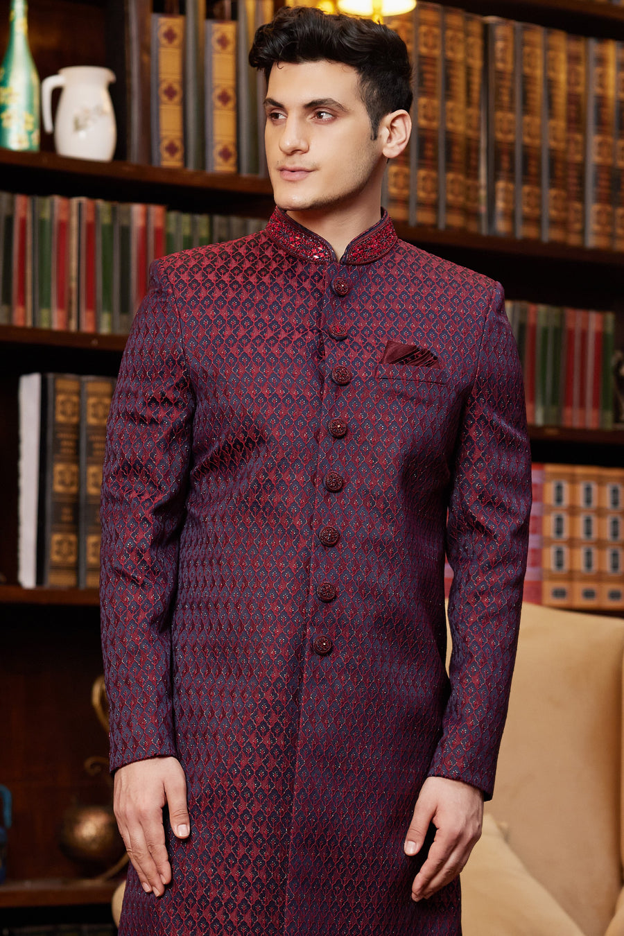 Maroon Jacquard Silk Indo Western Traditional Sherwani Long Kurta & Pant Suit for Men for Wedding - Embroidery Work