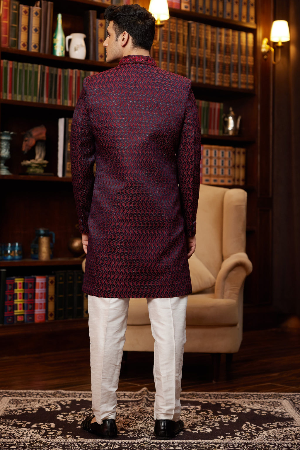 Maroon Jacquard Silk Indo Western Traditional Sherwani Long Kurta & Pant Suit for Men for Wedding - Embroidery Work