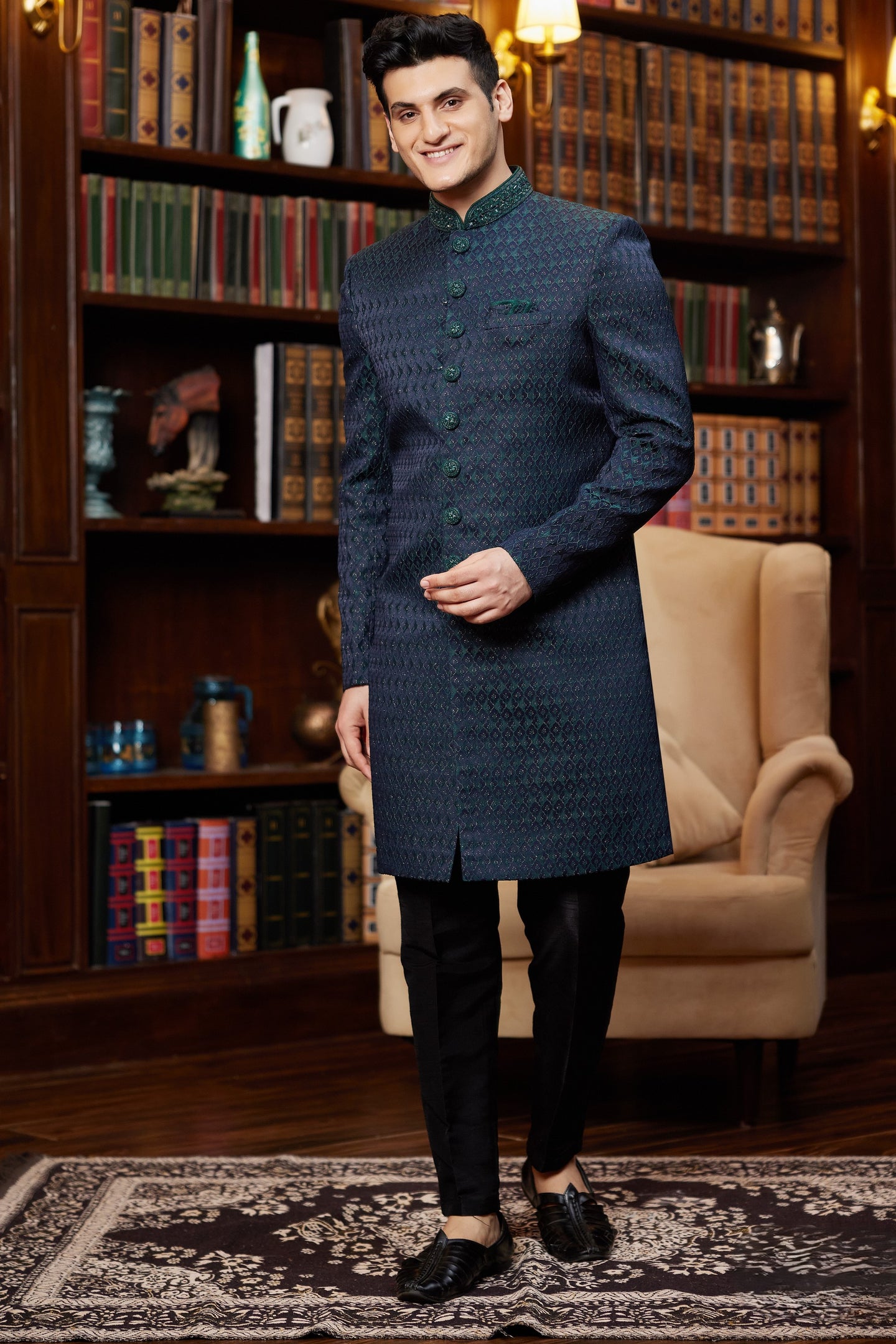 Bluish Green Jacquard Silk Indo Western Traditional Sherwani Long Kurta & Pant Suit for Men for Wedding - Embroidery Work