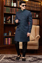 Bluish Green Jacquard Silk Indo Western Traditional Sherwani Long Kurta & Pant Suit for Men for Wedding - Embroidery Work