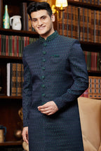 Bluish Green Jacquard Silk Indo Western Traditional Sherwani Long Kurta & Pant Suit for Men for Wedding - Embroidery Work