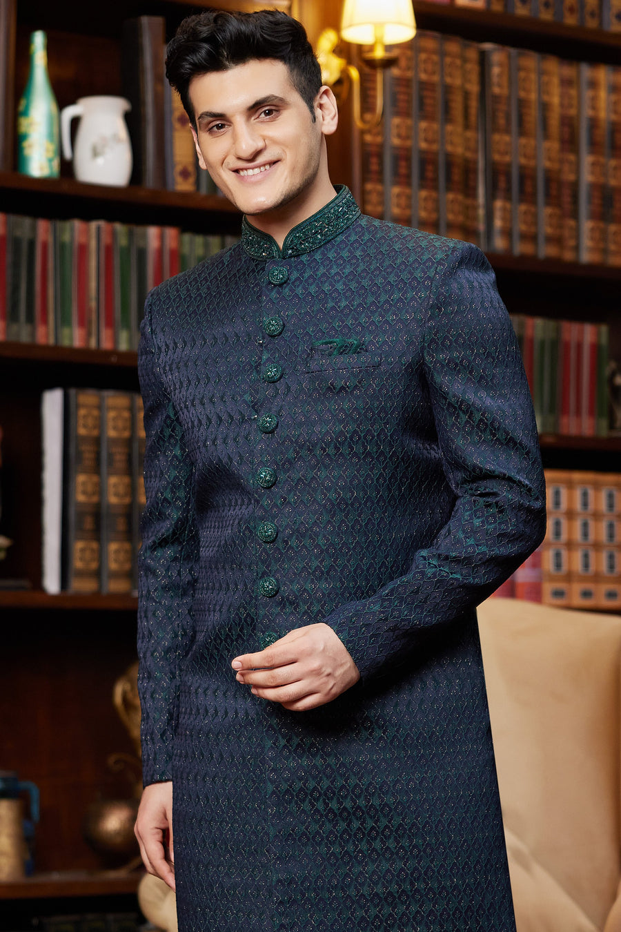 Bluish Green Jacquard Silk Indo Western Traditional Sherwani Long Kurta & Pant Suit for Men for Wedding - Embroidery Work