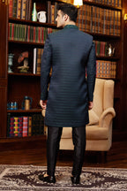 Bluish Green Jacquard Silk Indo Western Traditional Sherwani Long Kurta & Pant Suit for Men for Wedding - Embroidery Work