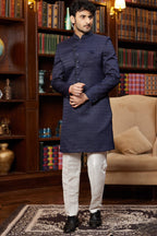 Navy Blue Jacquard Silk Indo Western Traditional Sherwani Long Kurta & Pant Suit for Men for Wedding - Embroidery Work