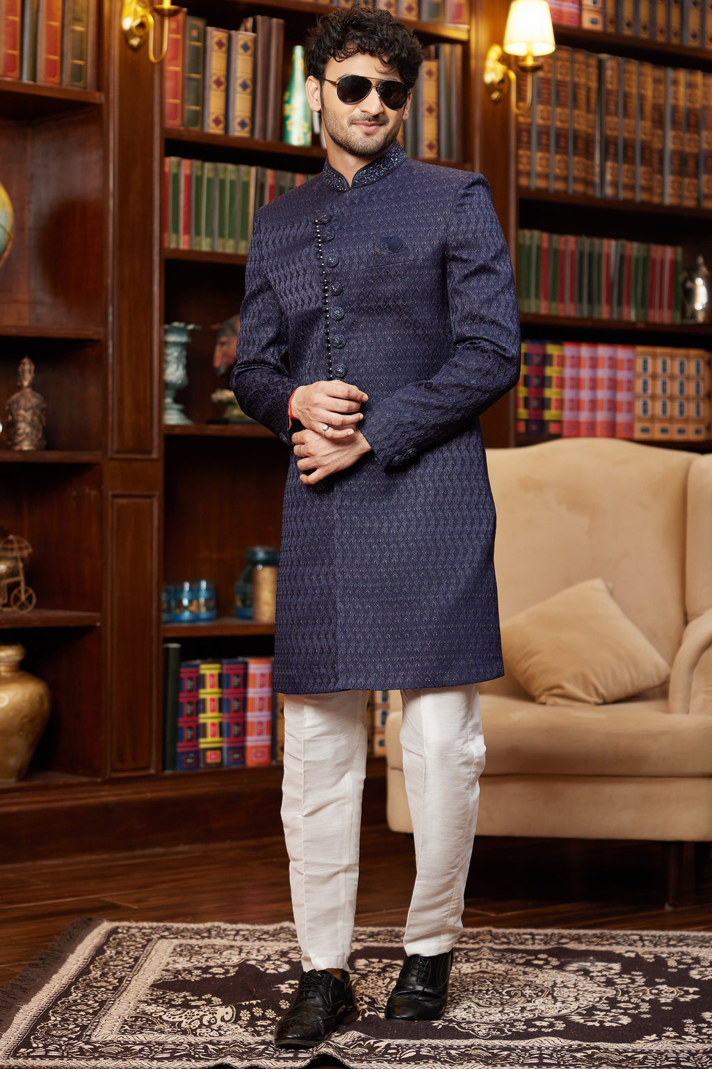 Navy Blue Jacquard Silk Indo Western Traditional Sherwani Long Kurta & Pant Suit for Men for Wedding - Embroidery Work