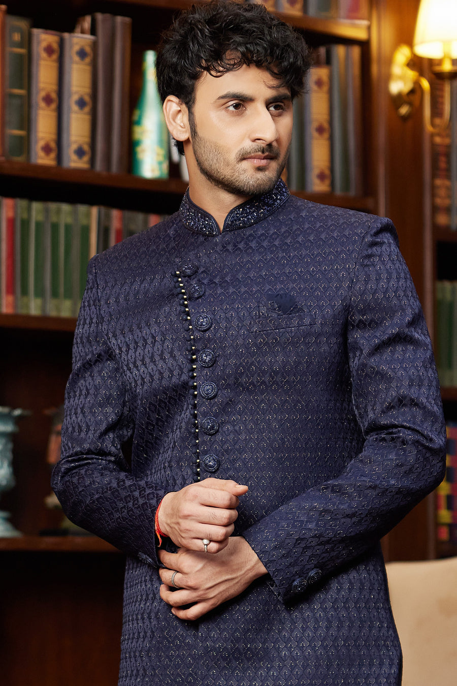 Navy Blue Jacquard Silk Indo Western Traditional Sherwani Long Kurta & Pant Suit for Men for Wedding - Embroidery Work