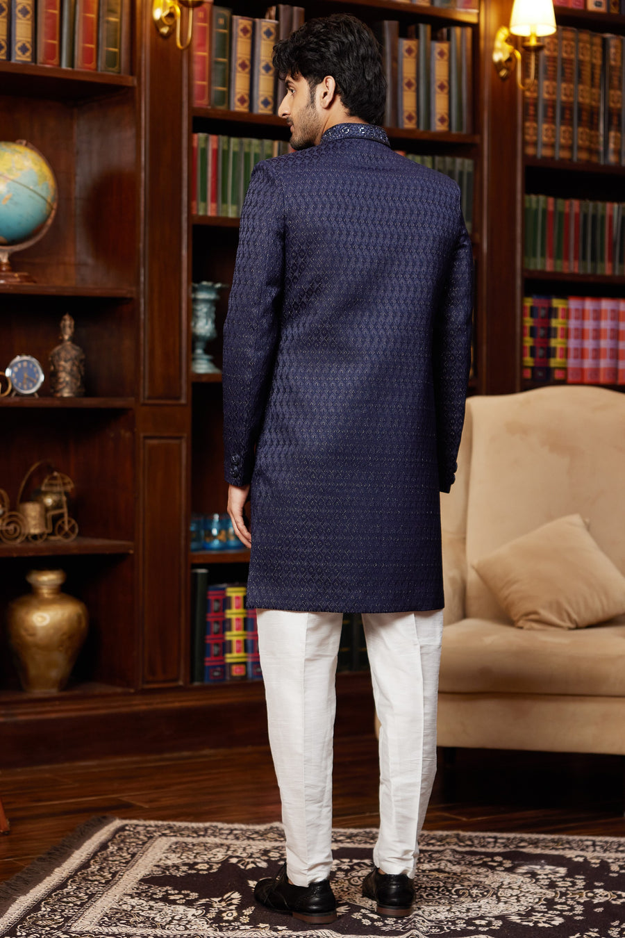 Navy Blue Jacquard Silk Indo Western Traditional Sherwani Long Kurta & Pant Suit for Men for Wedding - Embroidery Work