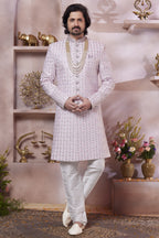 Pastel Pink Art Silk Indo Western Traditional Sherwani Long Kurta & Pant Suit for Men for Wedding - Thread Embroidery Work
