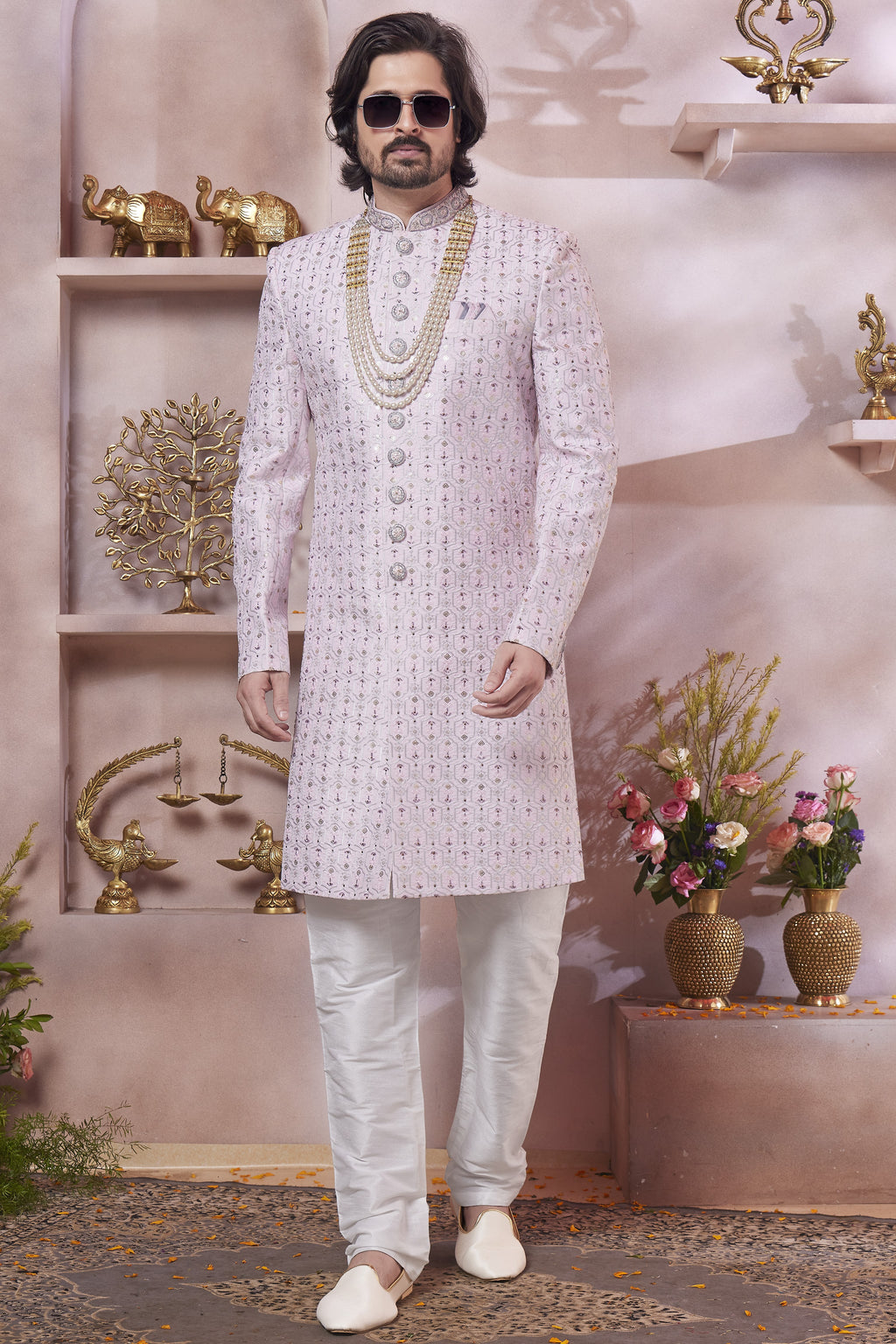 Pastel Pink Art Silk Indo Western Traditional Sherwani Long Kurta & Pant Suit for Men for Wedding - Thread Embroidery Work