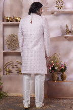 Pastel Pink Art Silk Indo Western Traditional Sherwani Long Kurta & Pant Suit for Men for Wedding - Thread Embroidery Work