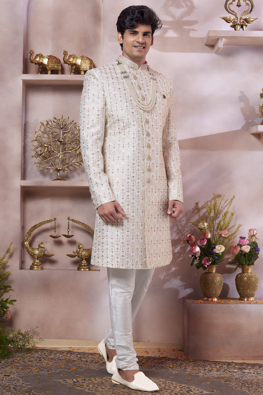 Off White Art Silk Indo Western Traditional Sherwani Long Kurta & Pant Suit for Men for Wedding - Thread Embroidery Work