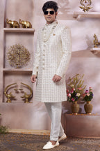 Off White Art Silk Indo Western Traditional Sherwani Long Kurta & Pant Suit for Men for Wedding - Thread Embroidery Work