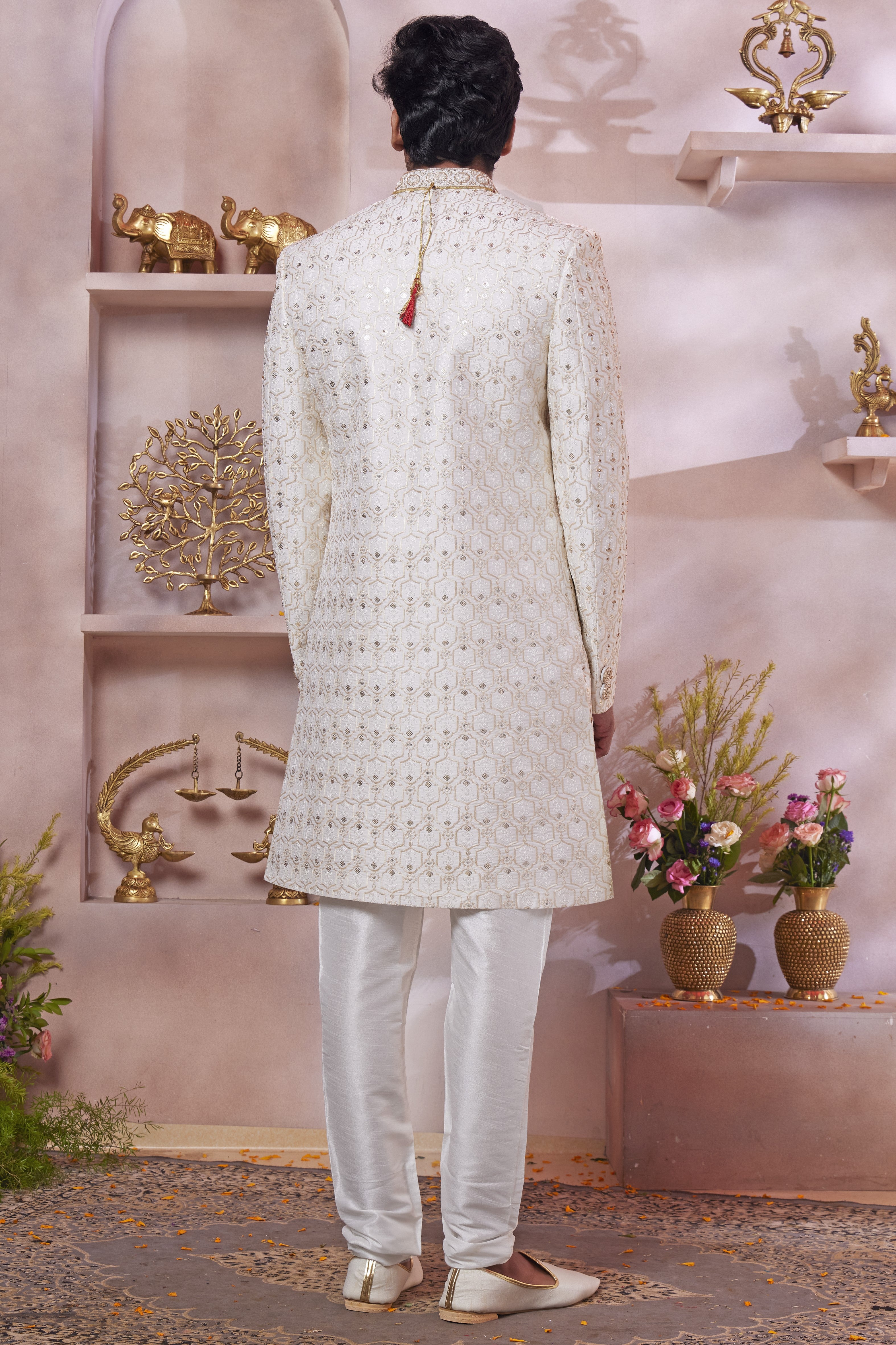 Off White Art Silk Indo Western Traditional Sherwani Long Kurta & Pant Suit for Men for Wedding - Thread Embroidery Work