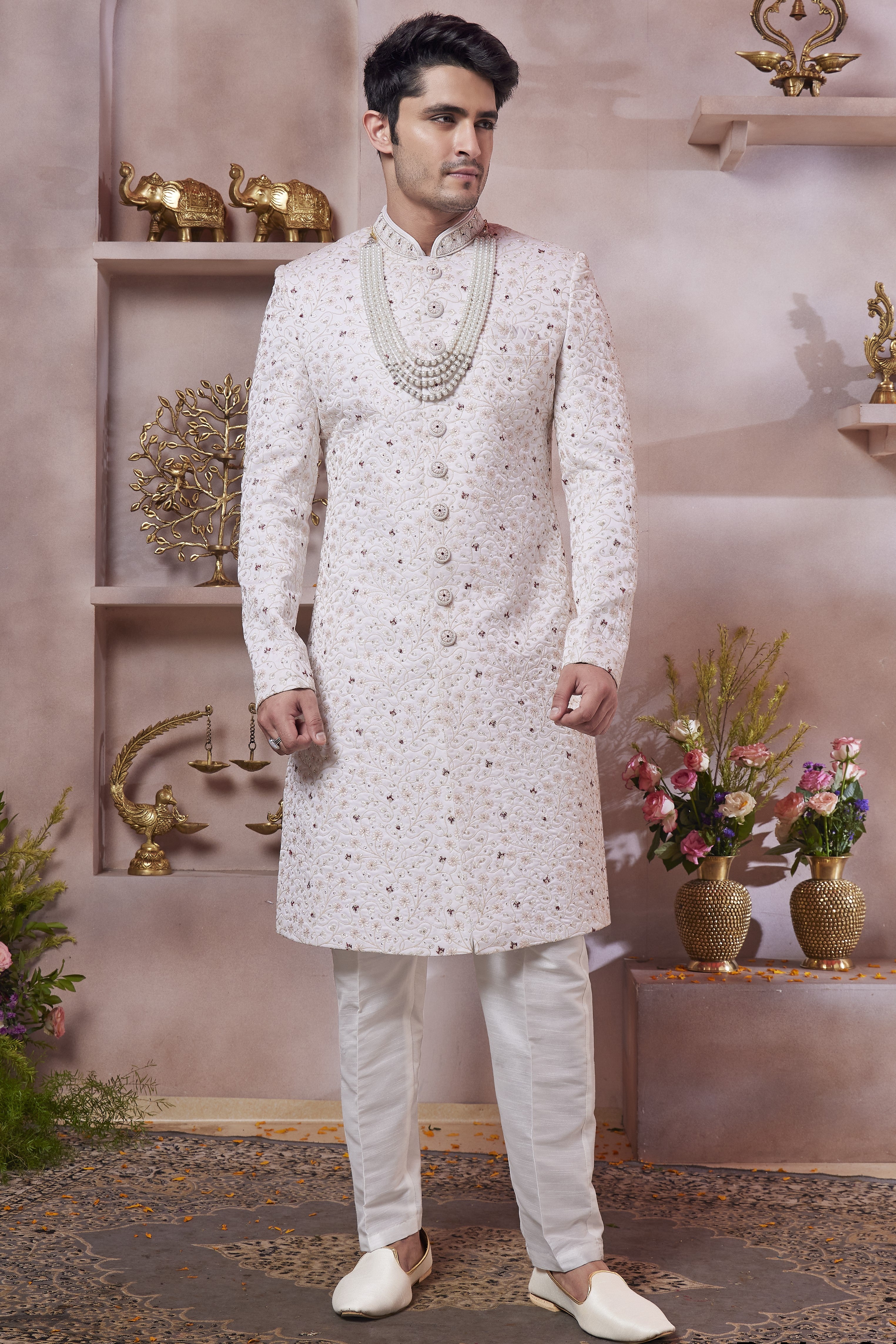 White Art Silk Indo Western Traditional Sherwani Long Kurta & Pant Suit for Men for Wedding - Thread Embroidery Work