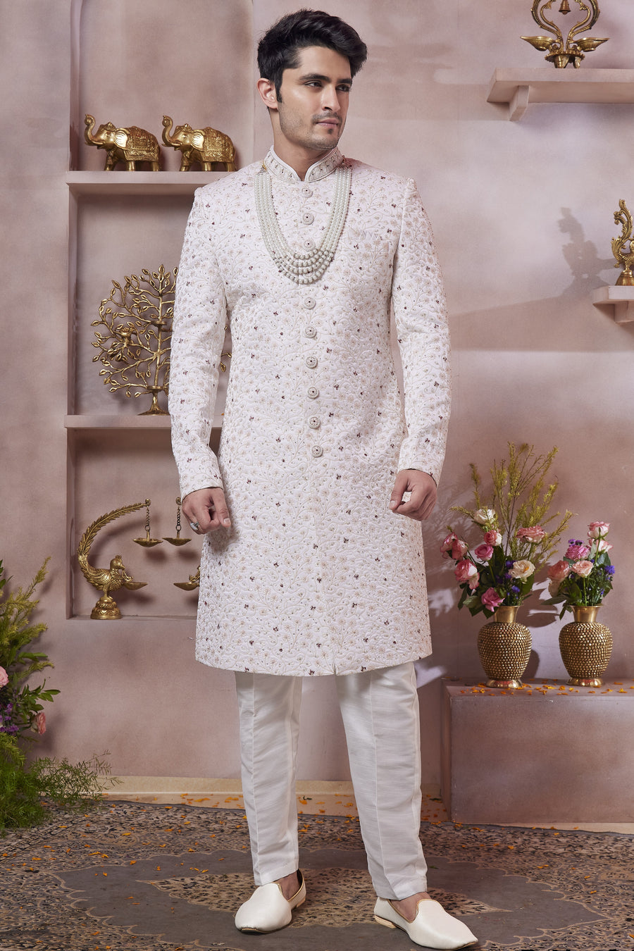 White Art Silk Indo Western Traditional Sherwani Long Kurta & Pant Suit for Men for Wedding - Thread Embroidery Work