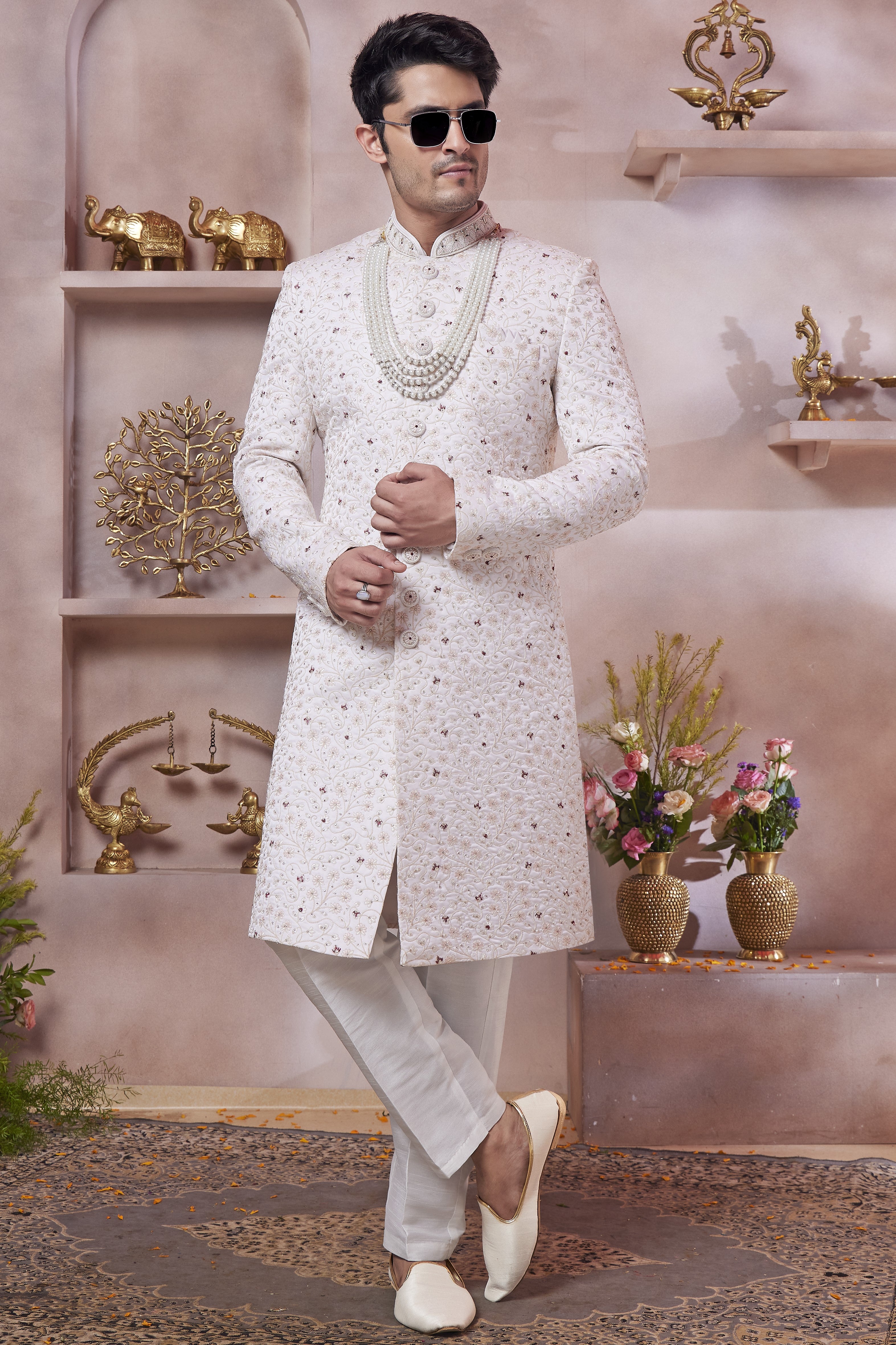 White Art Silk Indo Western Traditional Sherwani Long Kurta & Pant Suit for Men for Wedding - Thread Embroidery Work