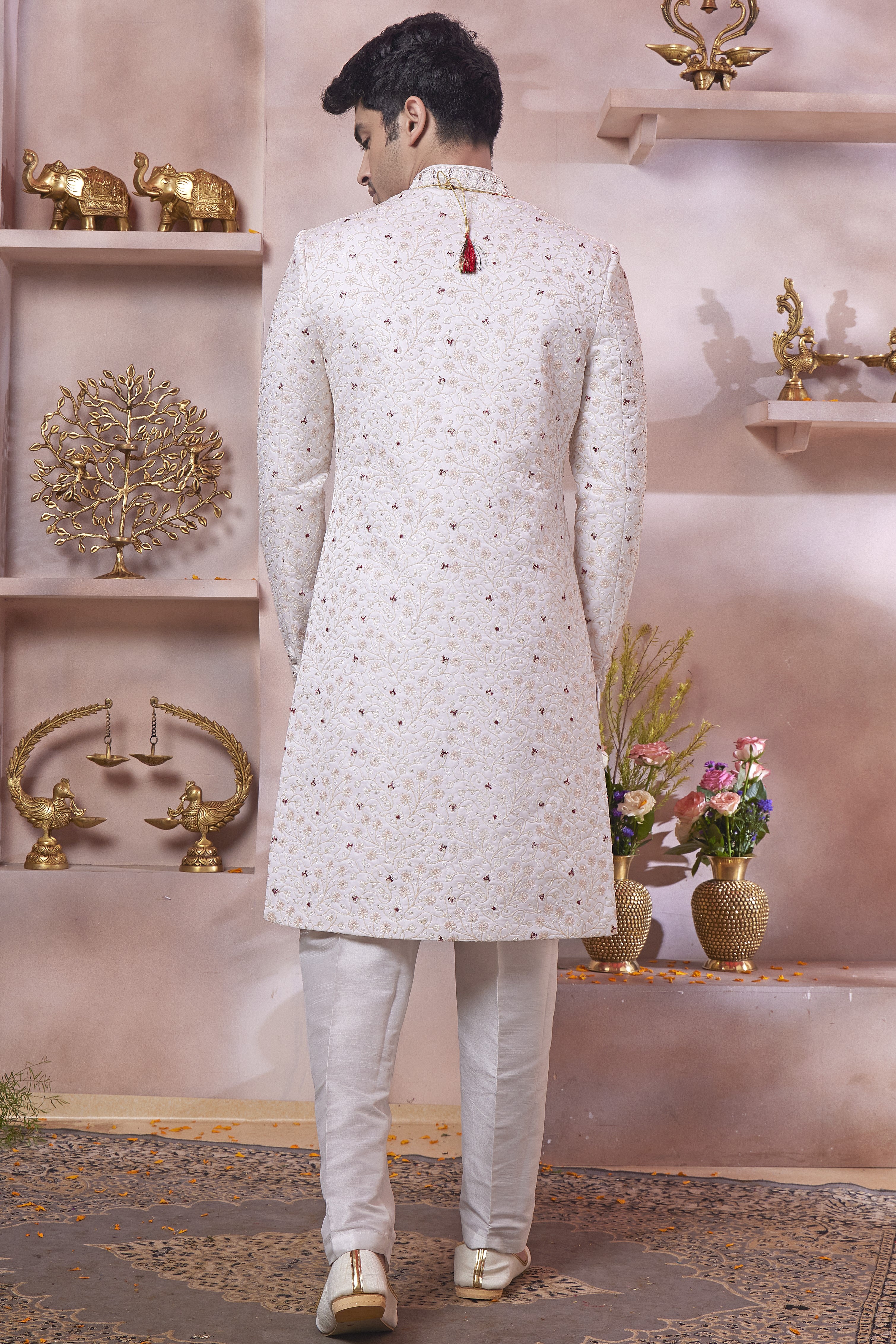 White Art Silk Indo Western Traditional Sherwani Long Kurta & Pant Suit for Men for Wedding - Thread Embroidery Work