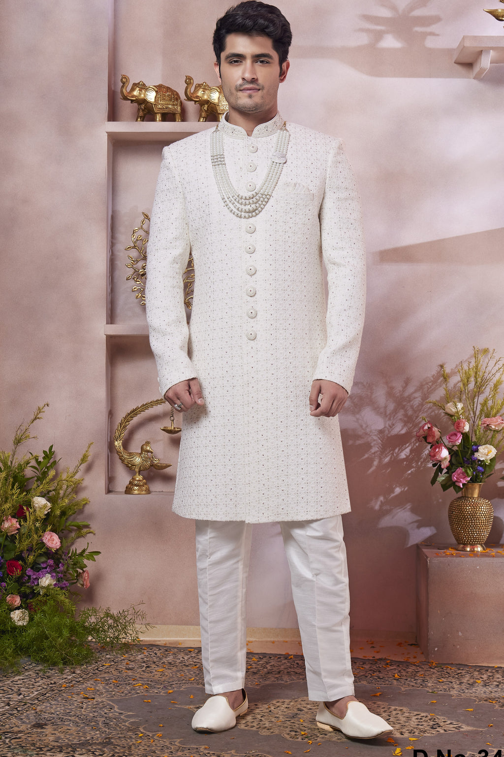 White Art Silk Indo Western Traditional Sherwani Long Kurta & Pant Suit for Men for Wedding - Thread Embroidery Work