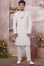 White Art Silk Indo Western Traditional Sherwani Long Kurta & Pant Suit for Men for Wedding - Thread Embroidery Work