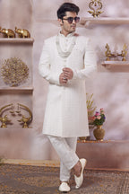 White Art Silk Indo Western Traditional Sherwani Long Kurta & Pant Suit for Men for Wedding - Thread Embroidery Work