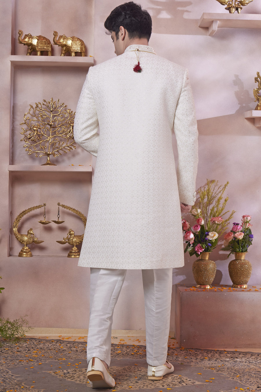 White Art Silk Indo Western Traditional Sherwani Long Kurta & Pant Suit for Men for Wedding - Thread Embroidery Work