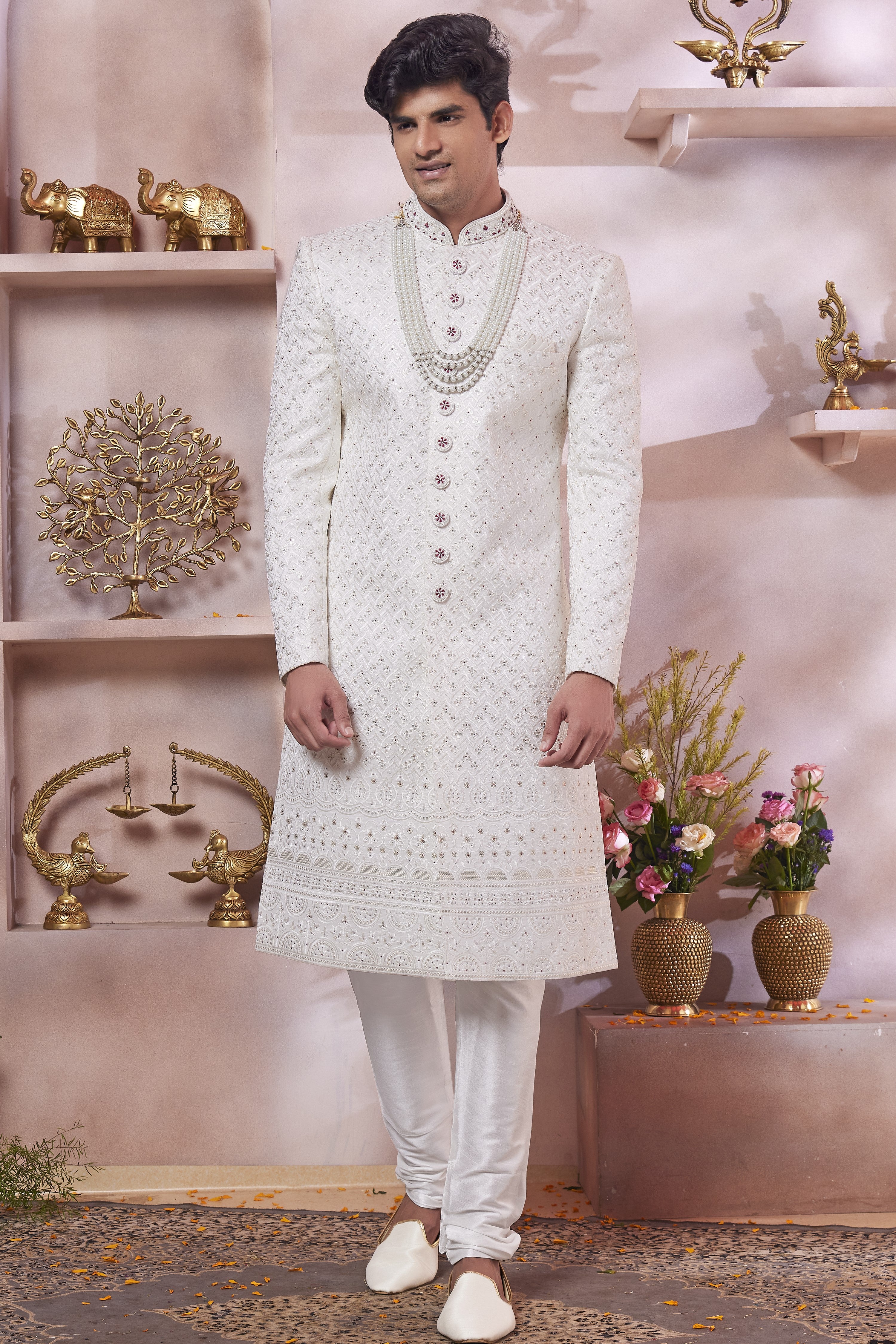 White Art Silk Indo Western Traditional Sherwani Long Kurta & Pant Suit for Men for Wedding - Thread Embroidery Work