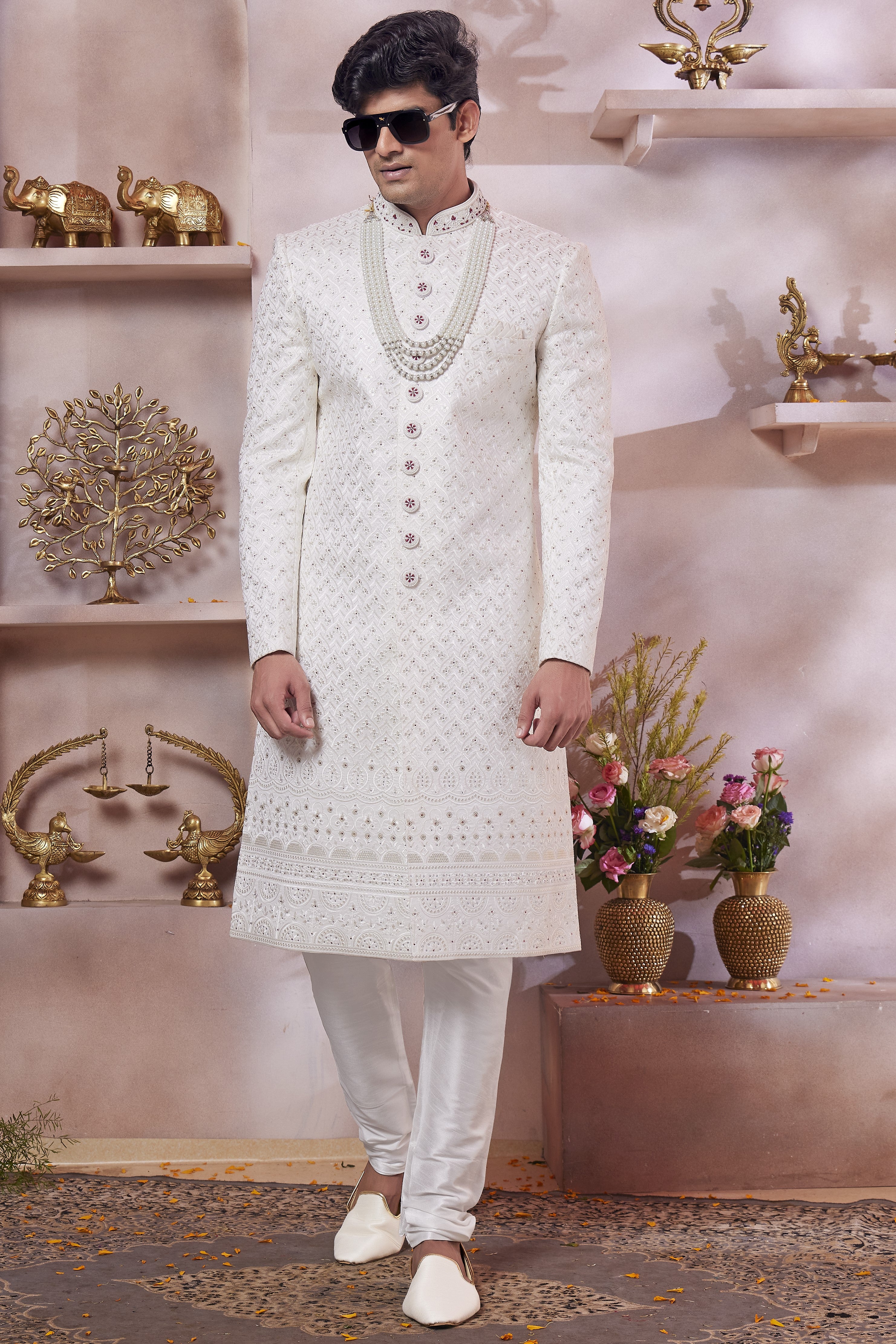 White Art Silk Indo Western Traditional Sherwani Long Kurta & Pant Suit for Men for Wedding - Thread Embroidery Work