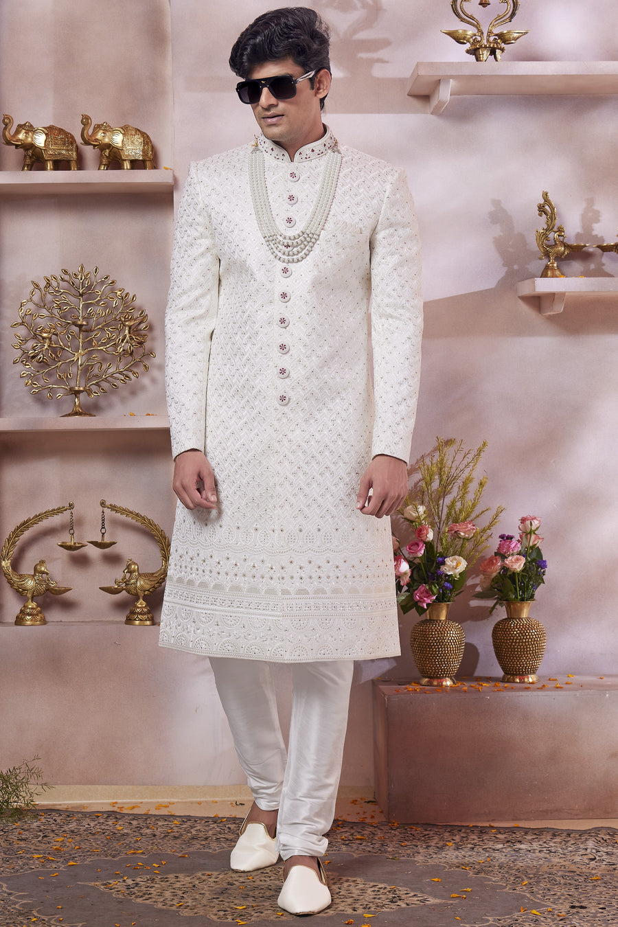 White Art Silk Indo Western Traditional Sherwani Long Kurta & Pant Suit for Men for Wedding - Thread Embroidery Work