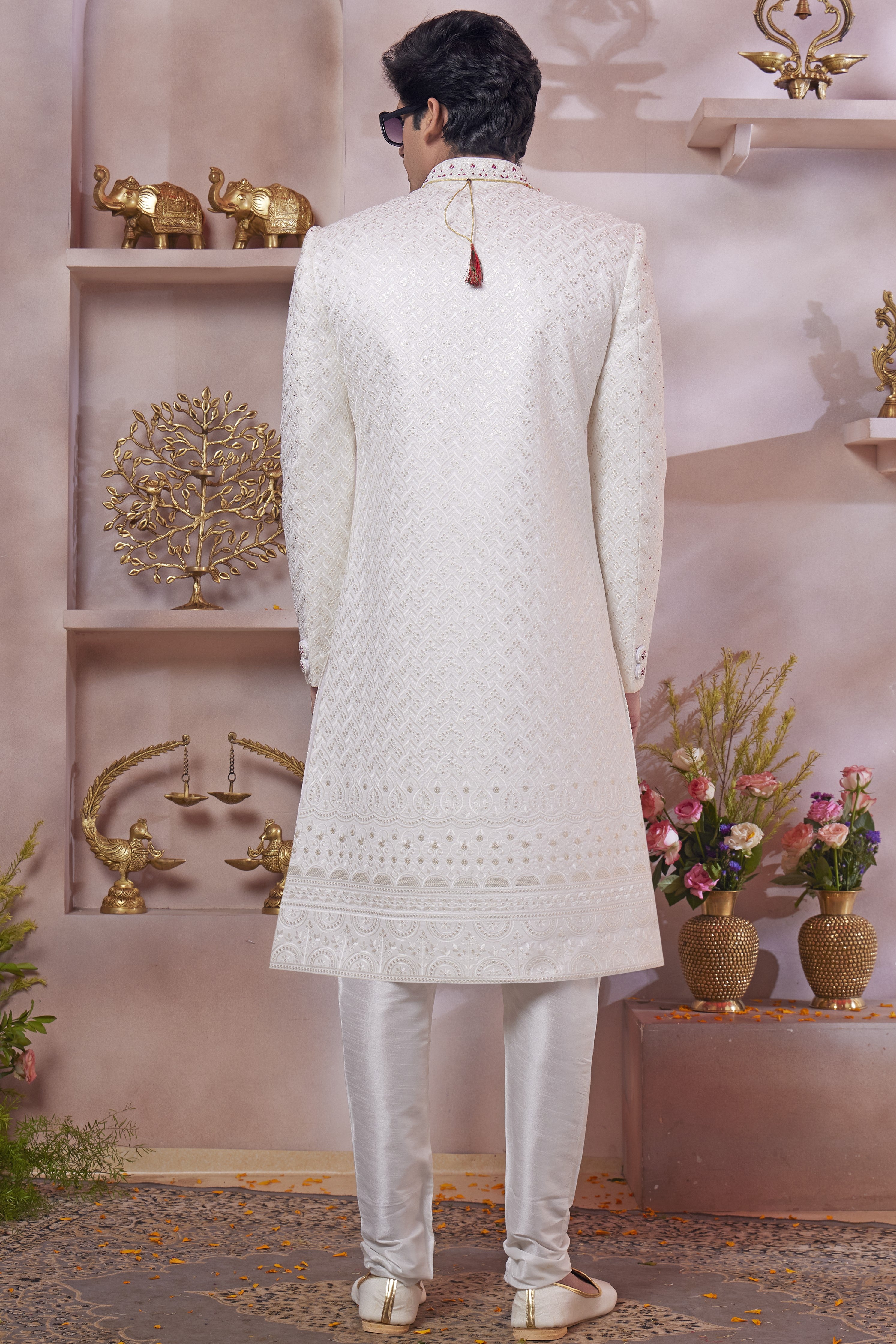 White Art Silk Indo Western Traditional Sherwani Long Kurta & Pant Suit for Men for Wedding - Thread Embroidery Work
