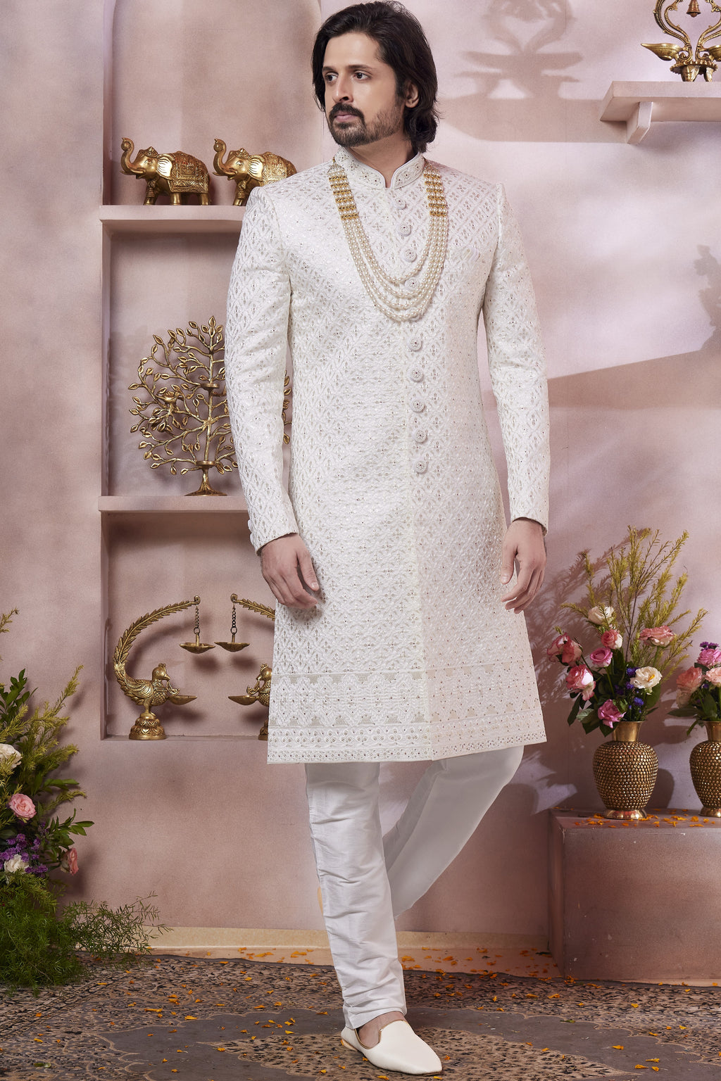 Cream Art Silk Indo Western Traditional Sherwani Long Kurta & Pant Suit for Men for Wedding - Thread Embroidery Work
