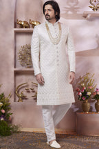 Cream Art Silk Indo Western Traditional Sherwani Long Kurta & Pant Suit for Men for Wedding - Thread Embroidery Work