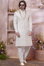 Cream Art Silk Indo Western Traditional Sherwani Long Kurta & Pant Suit for Men for Wedding - Thread Embroidery Work