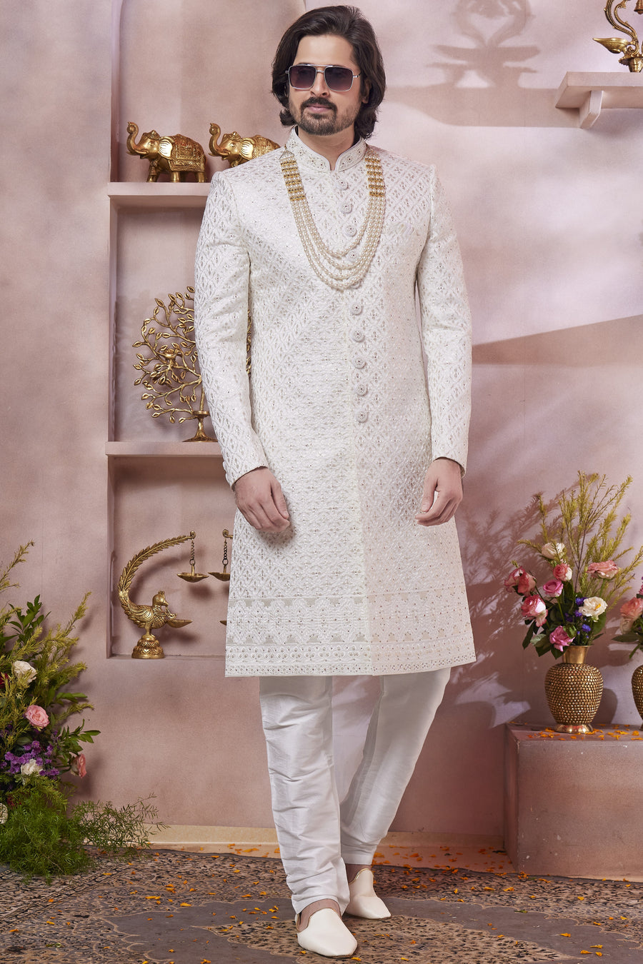 Cream Art Silk Indo Western Traditional Sherwani Long Kurta & Pant Suit for Men for Wedding - Thread Embroidery Work