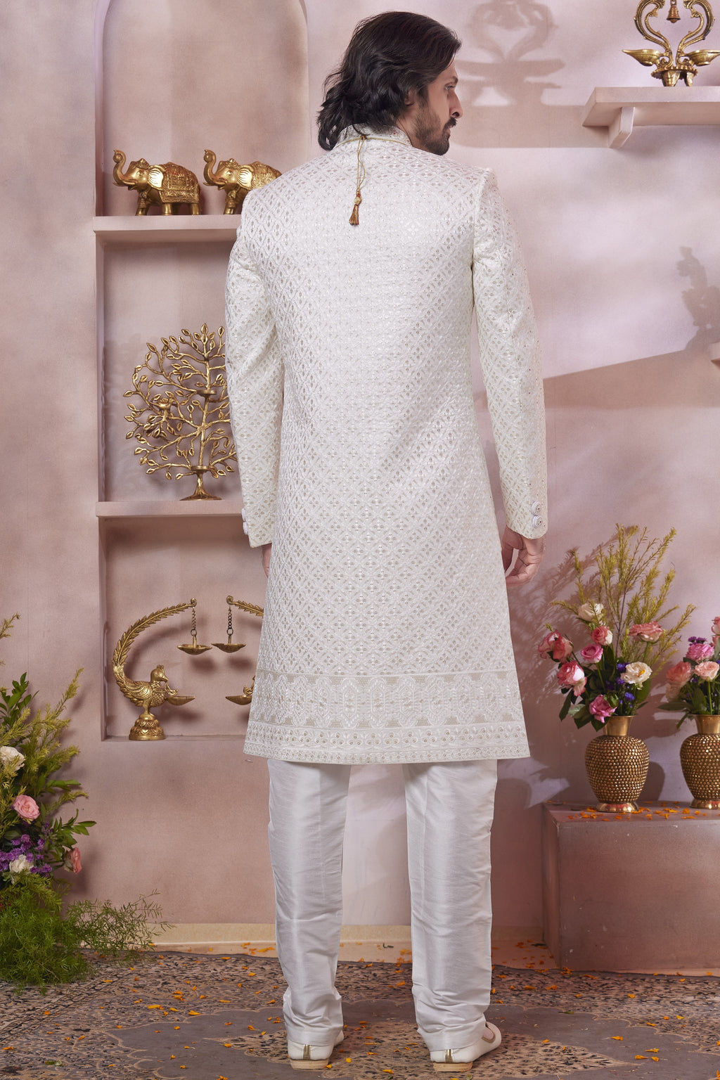 Cream Art Silk Indo Western Traditional Sherwani Long Kurta & Pant Suit for Men for Wedding - Thread Embroidery Work