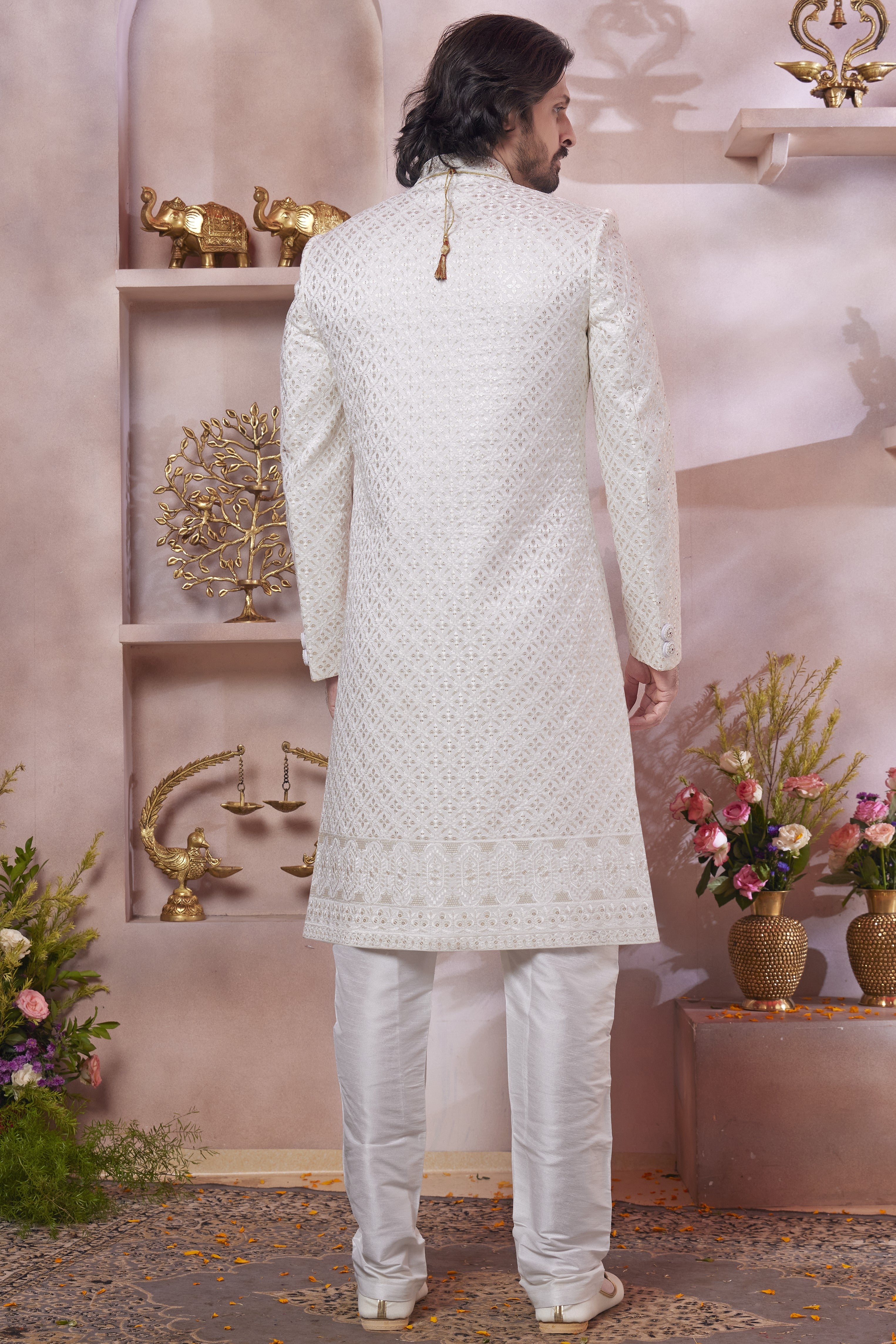 Cream Art Silk Indo Western Traditional Sherwani Long Kurta & Pant Suit for Men for Wedding - Thread Embroidery Work