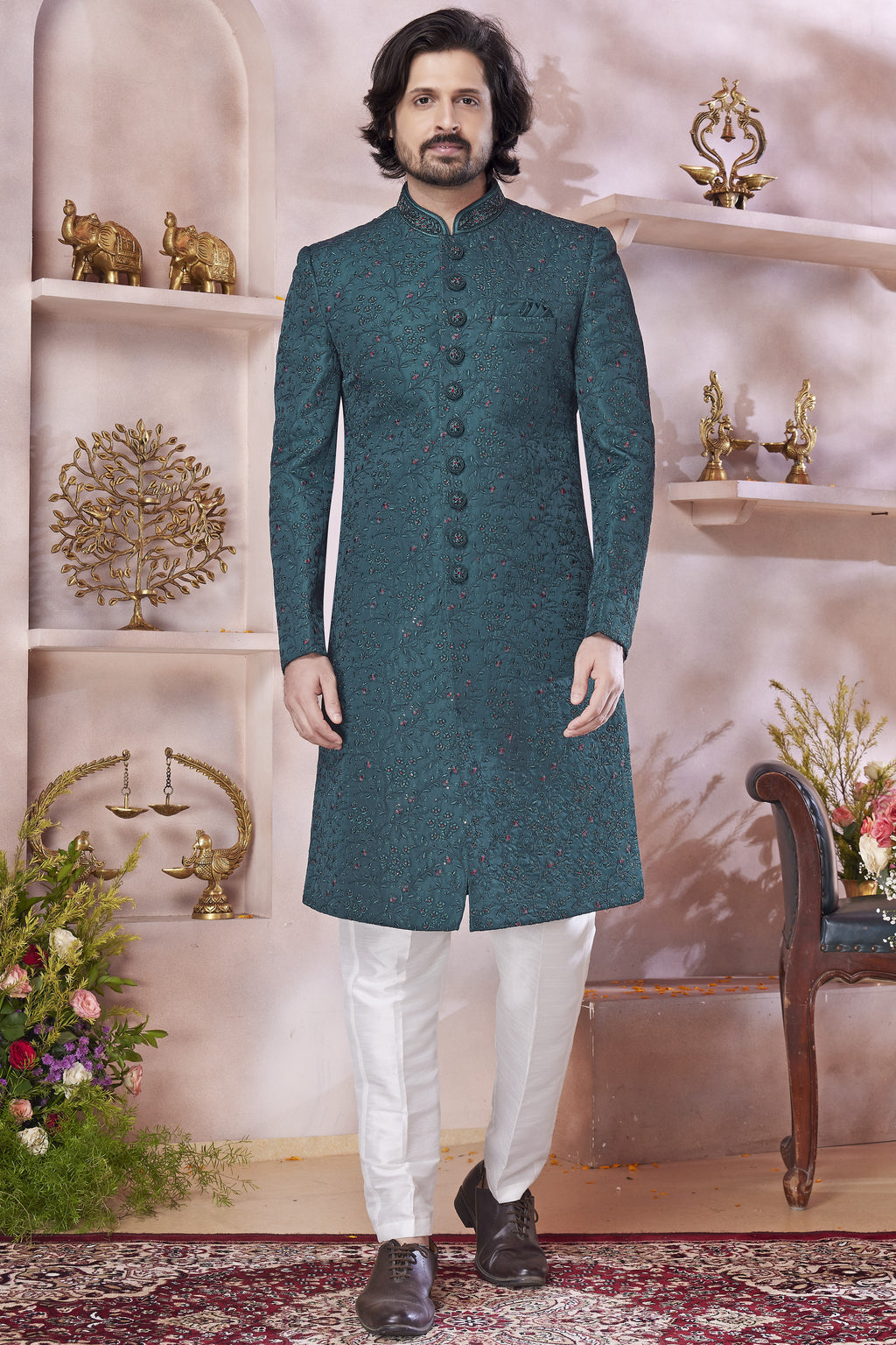 Deep Teal Art Silk Indo Western Traditional Sherwani Long Kurta & Pant Suit for Men for Wedding - Thread Embroidery Work