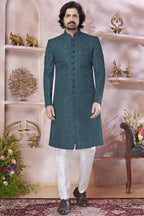 Deep Teal Art Silk Indo Western Traditional Sherwani Long Kurta & Pant Suit for Men for Wedding - Thread Embroidery Work