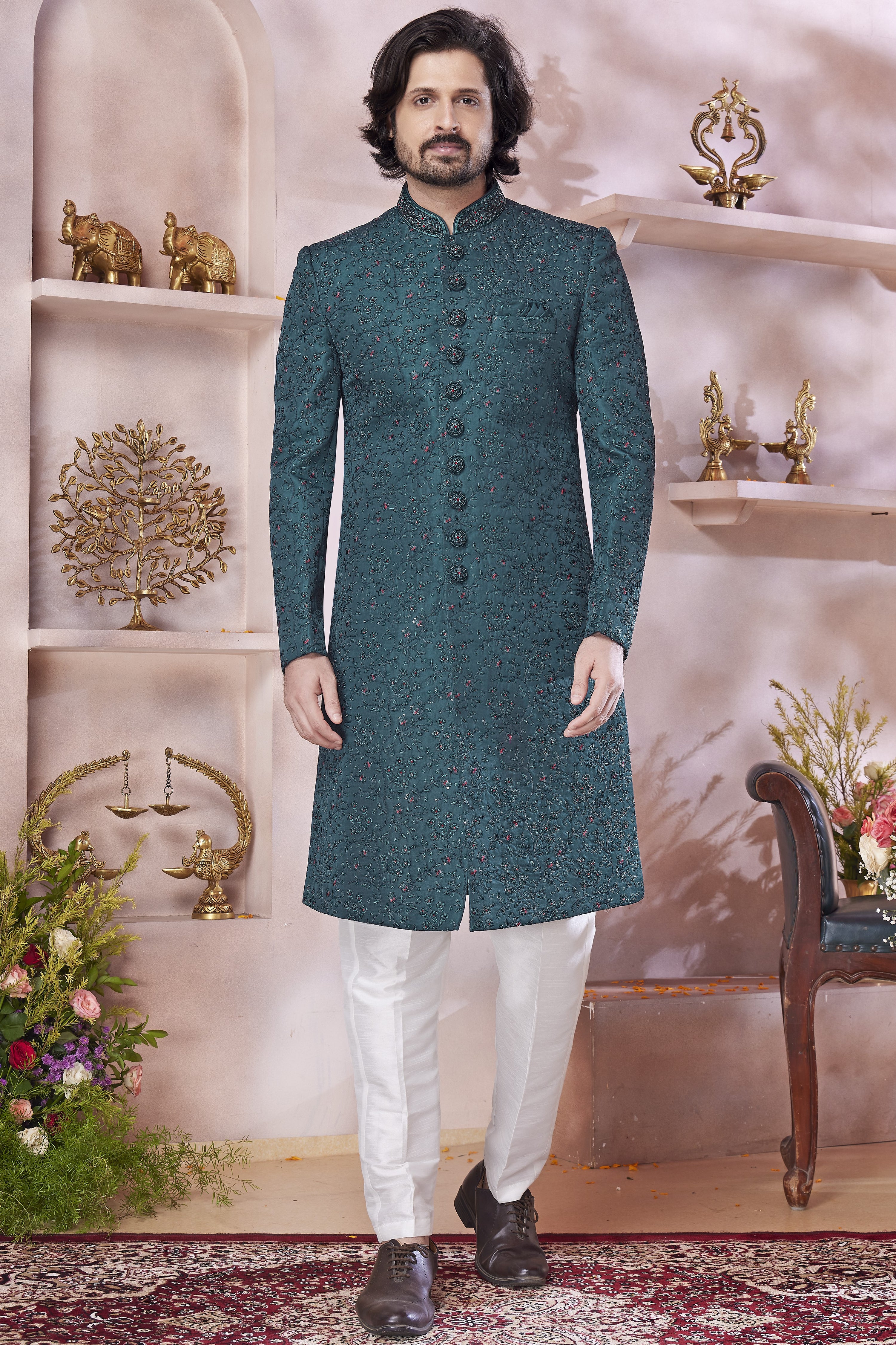 Deep Teal Art Silk Indo Western Traditional Sherwani Long Kurta & Pant Suit for Men for Wedding - Thread Embroidery Work