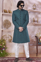 Deep Teal Art Silk Indo Western Traditional Sherwani Long Kurta & Pant Suit for Men for Wedding - Thread Embroidery Work