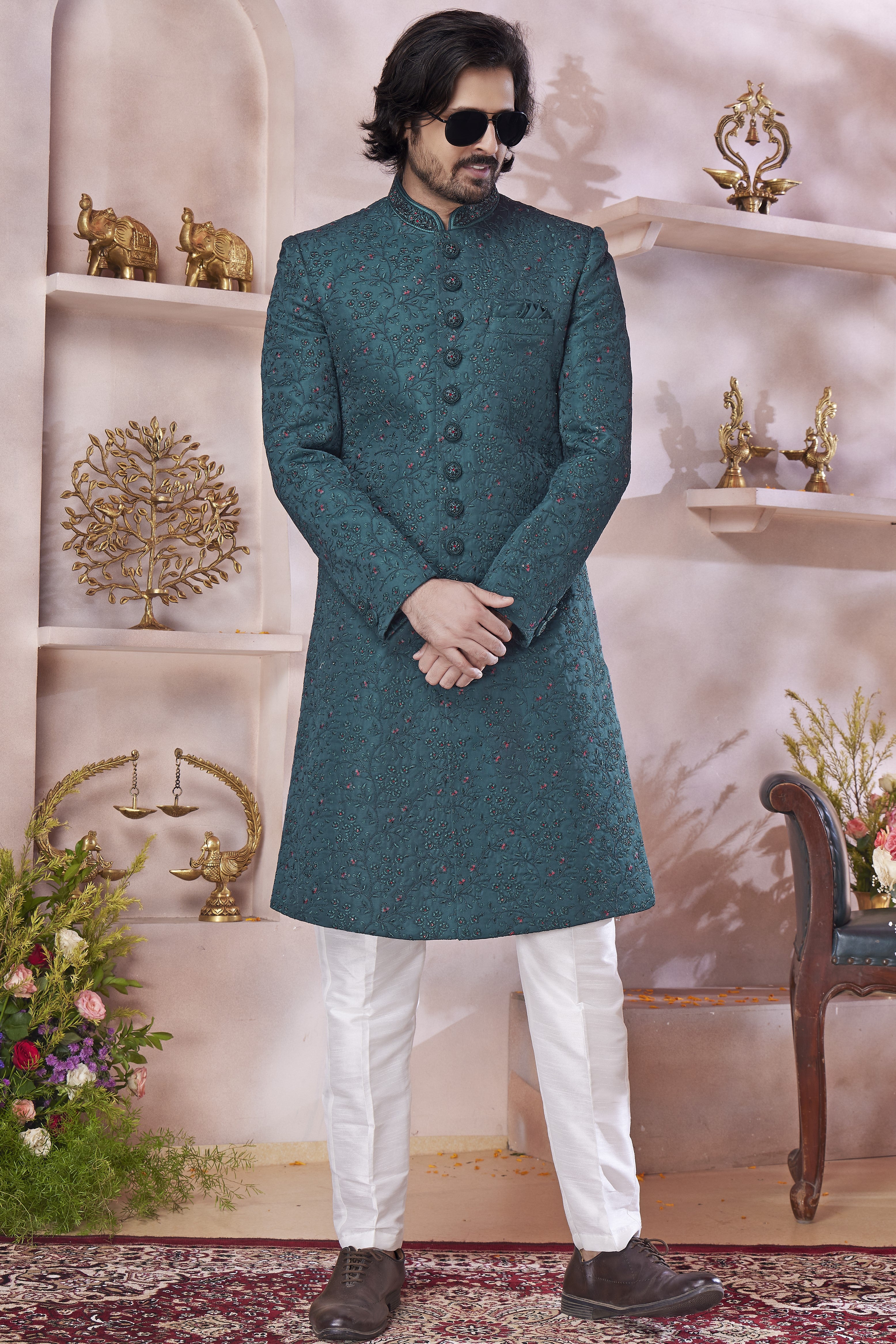Deep Teal Art Silk Indo Western Traditional Sherwani Long Kurta & Pant Suit for Men for Wedding - Thread Embroidery Work