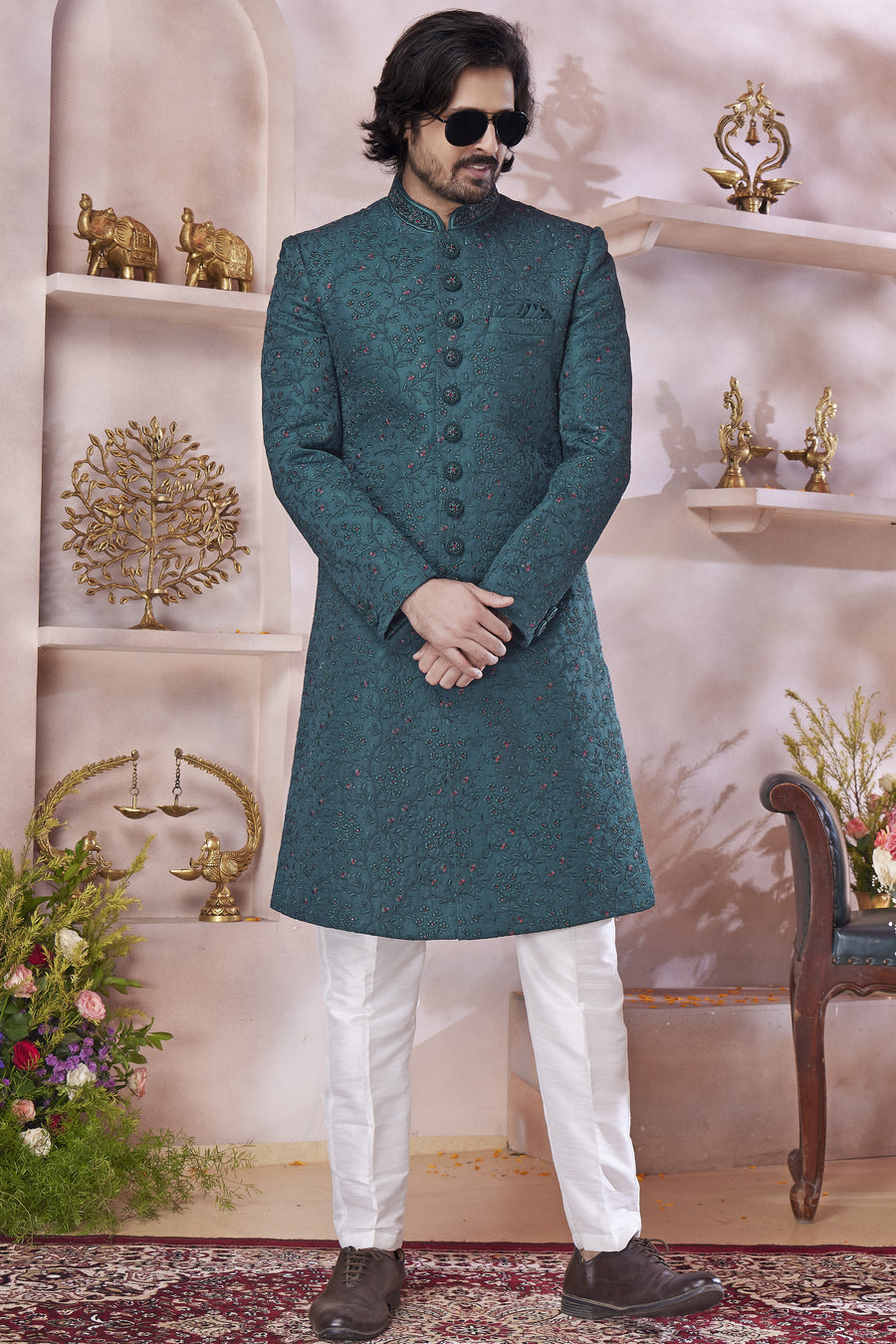 Deep Teal Art Silk Indo Western Traditional Sherwani Long Kurta & Pant Suit for Men for Wedding - Thread Embroidery Work