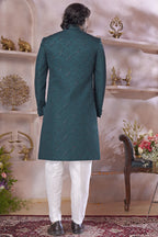 Deep Teal Art Silk Indo Western Traditional Sherwani Long Kurta & Pant Suit for Men for Wedding - Thread Embroidery Work