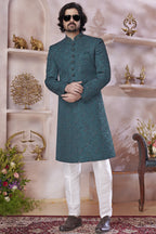 Deep Teal Art Silk Indo Western Traditional Sherwani Long Kurta & Pant Suit for Men for Wedding - Thread Embroidery Work