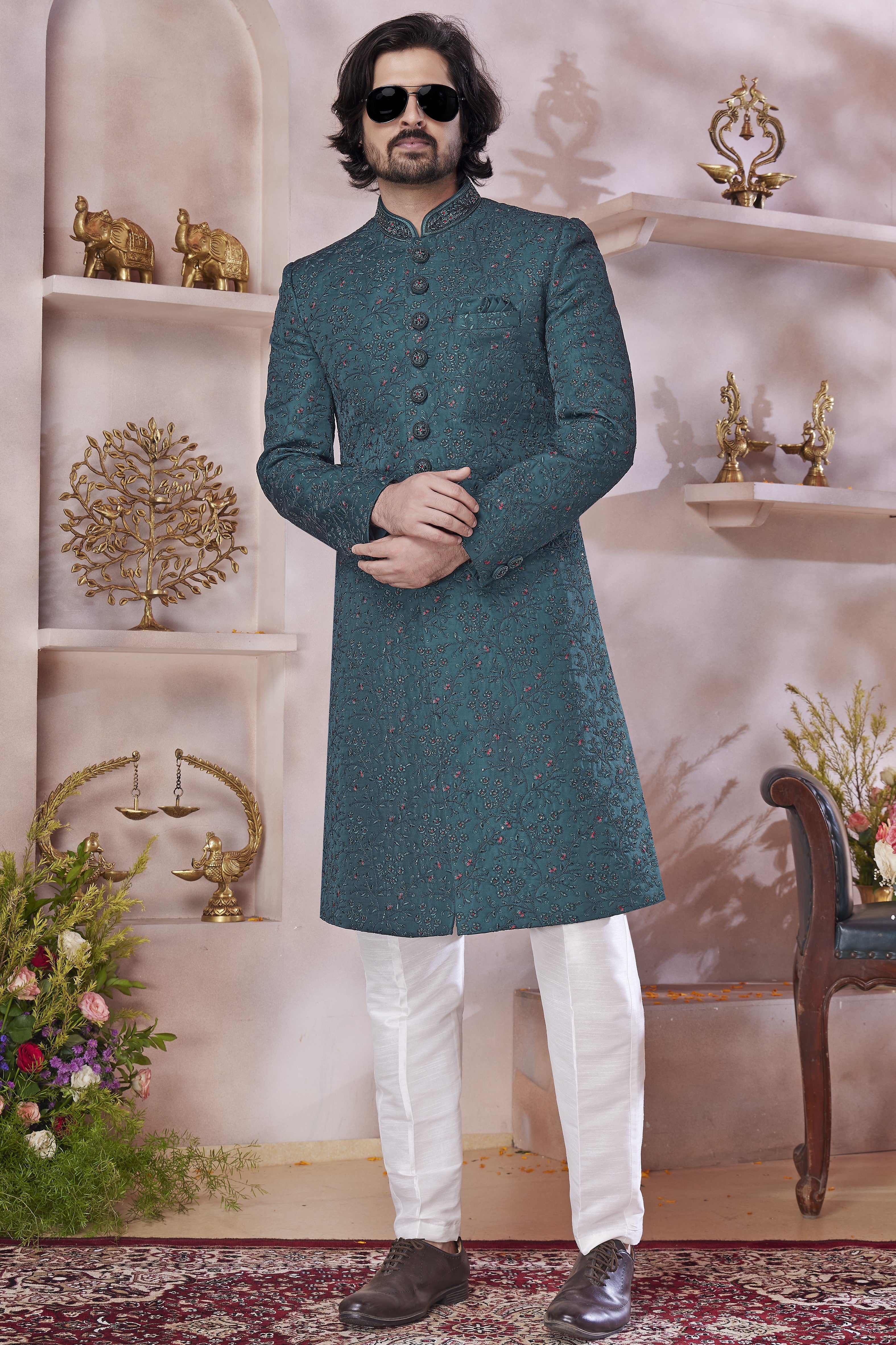 Deep Teal Art Silk Indo Western Traditional Sherwani Long Kurta & Pant Suit for Men for Wedding - Thread Embroidery Work