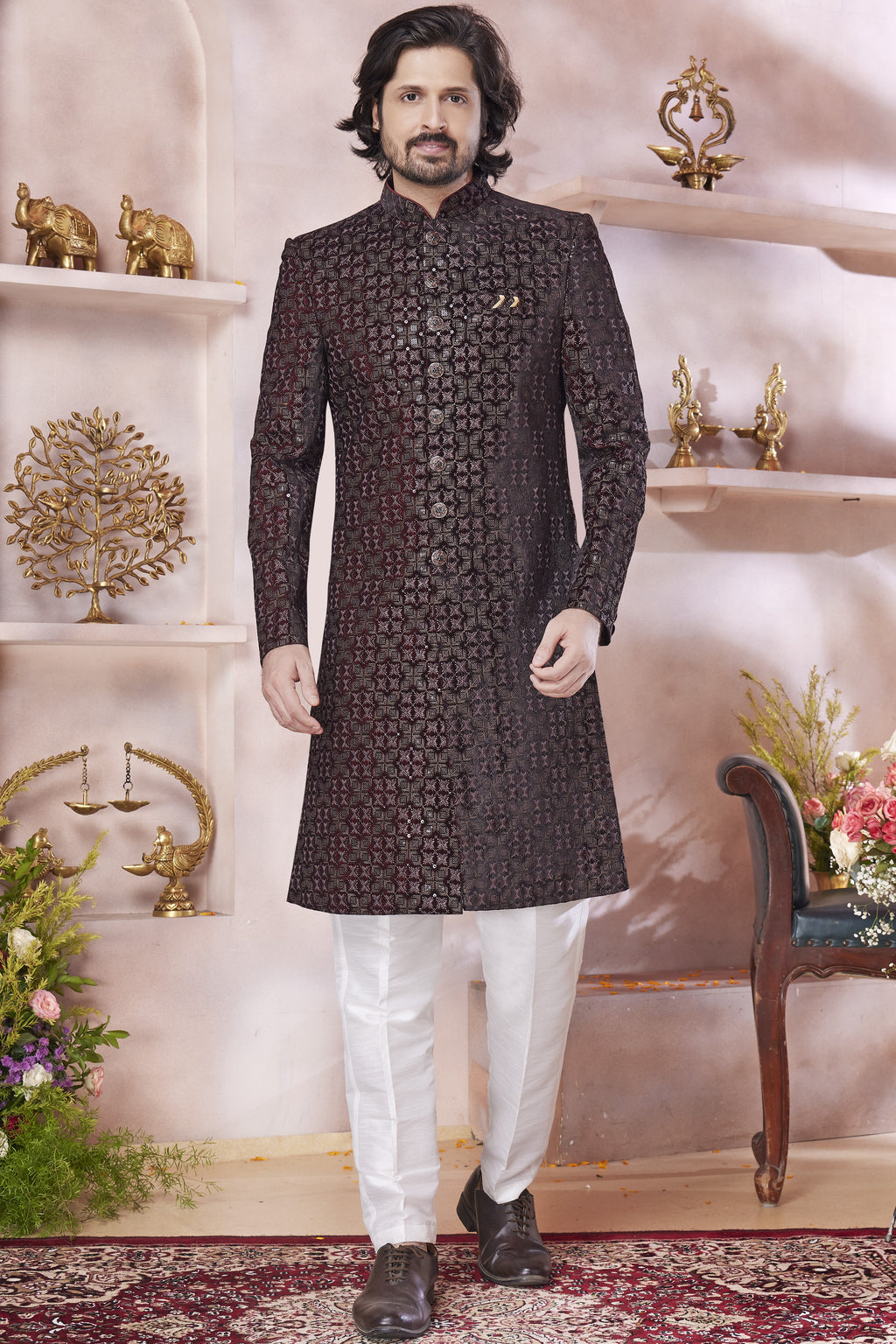 Brown Art Silk Indo Western Traditional Sherwani Long Kurta & Pant Suit for Men for Wedding - Thread Embroidery Work