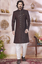 Brown Art Silk Indo Western Traditional Sherwani Long Kurta & Pant Suit for Men for Wedding - Thread Embroidery Work