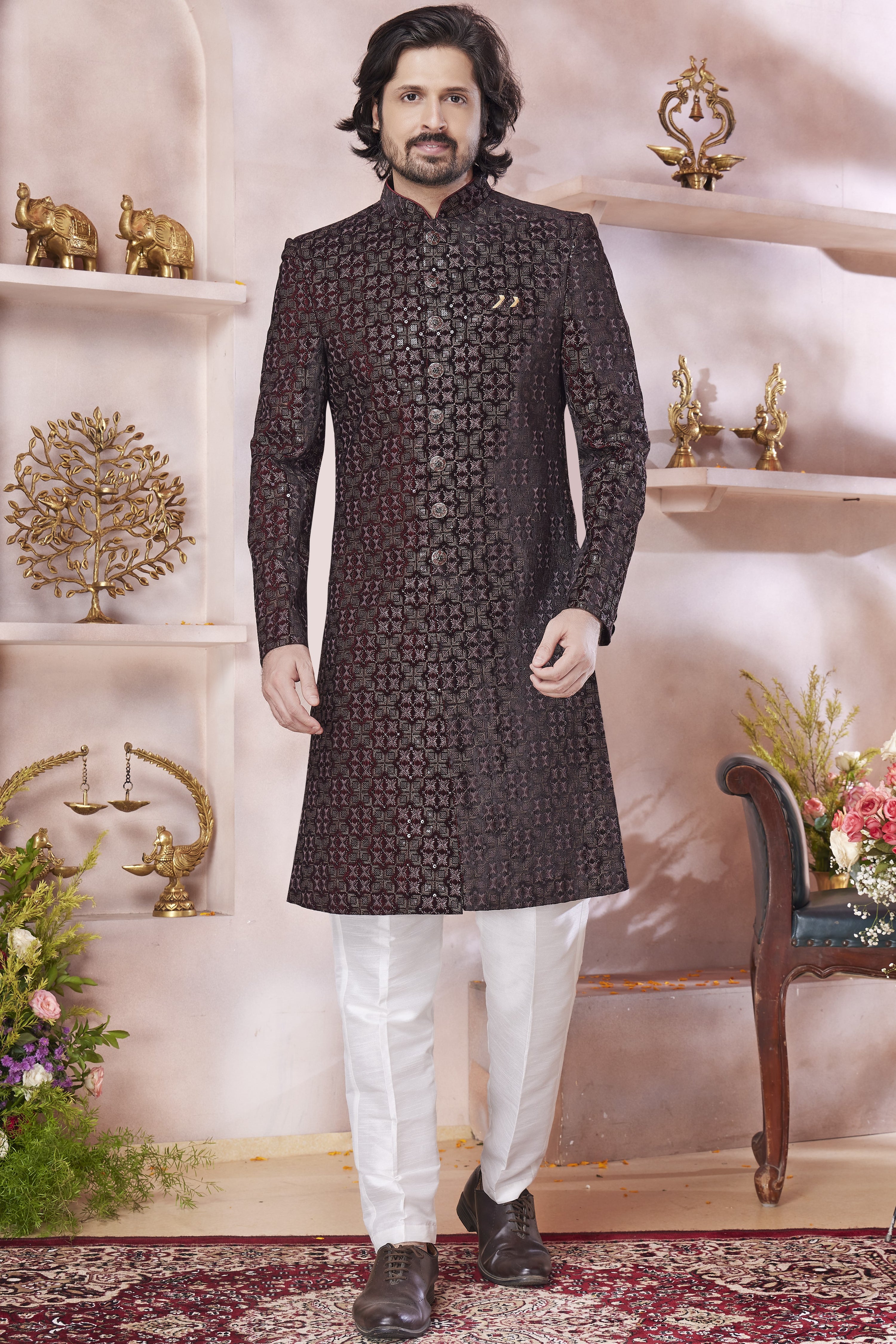 Brown Art Silk Indo Western Traditional Sherwani Long Kurta & Pant Suit for Men for Wedding - Thread Embroidery Work
