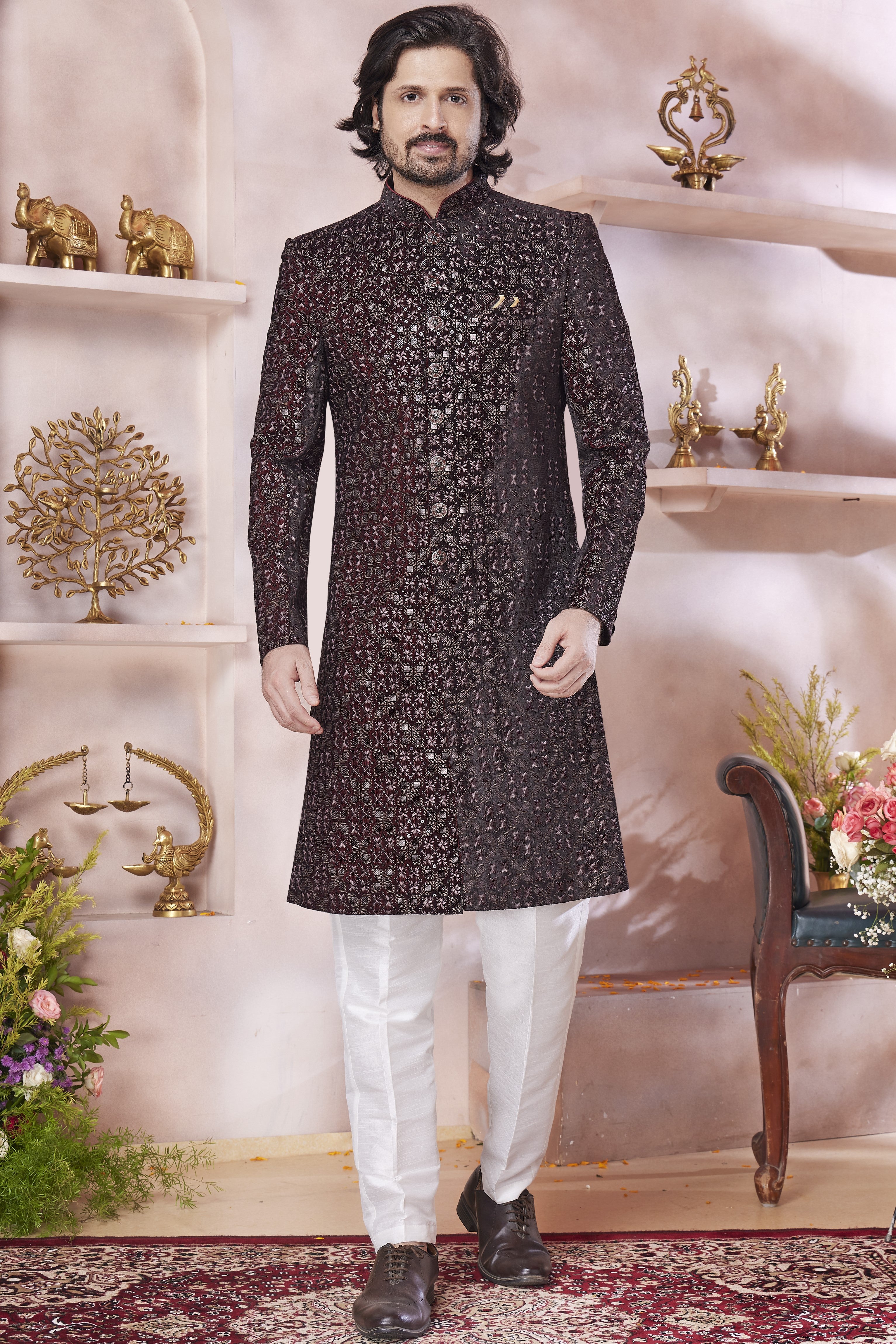 Brown Art Silk Indo Western Traditional Sherwani Long Kurta & Pant Suit for Men for Wedding - Thread Embroidery Work